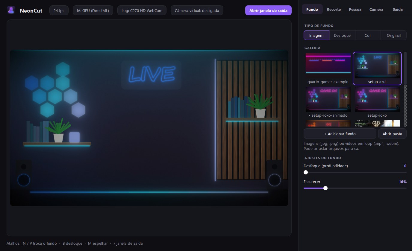 Interface do NeonCut com o fundo neon azul selecionado na galeria